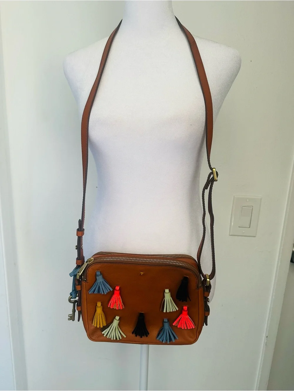 Fossil Piper Toaster Leather Tassel Crossbody Bag - Cognac Multi